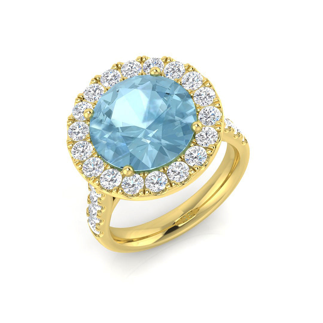 Yellow Gold Aquamarine Halo Ring with Diamond Halo