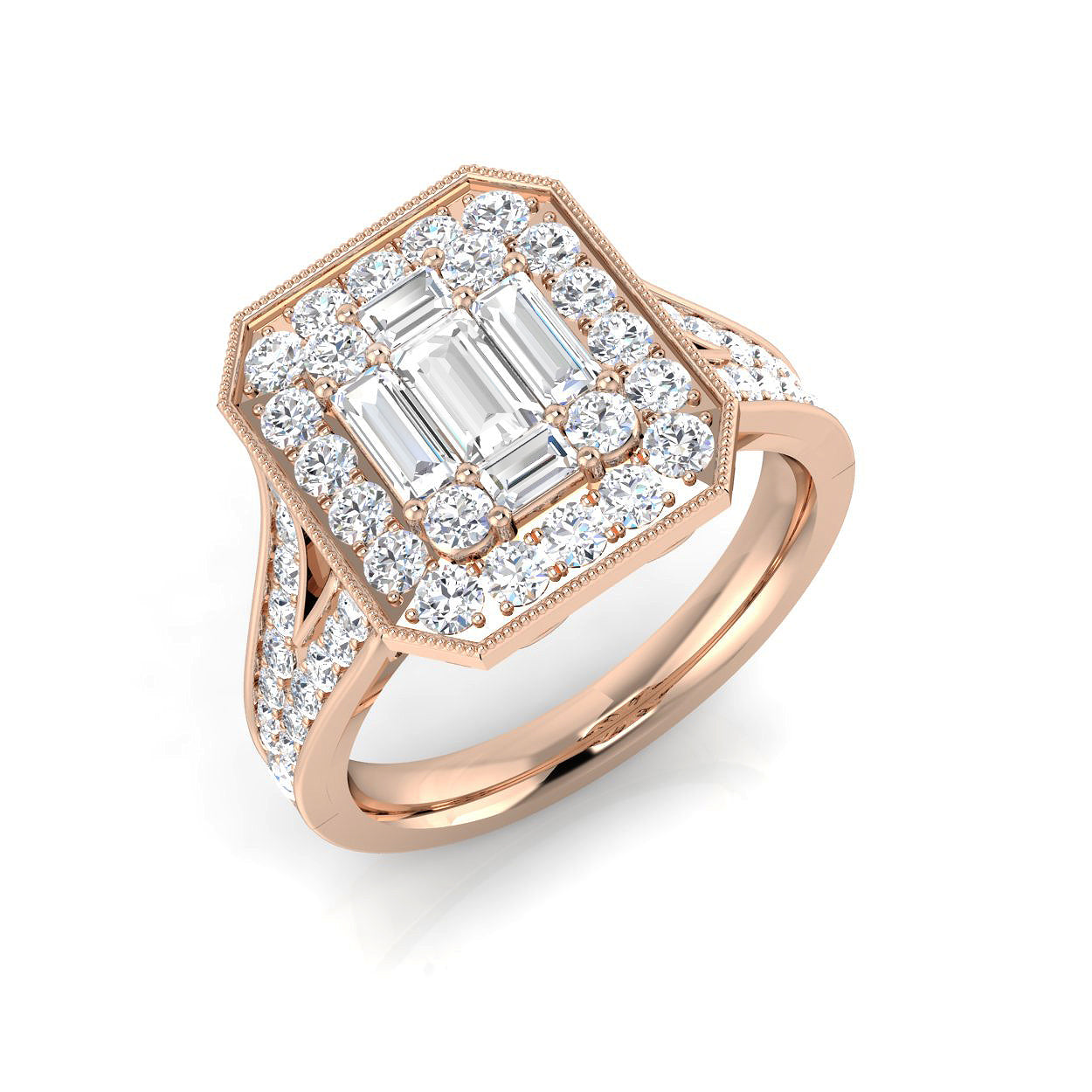 Baguette & Round Diamond Halo Style Ring with Milgrain Detail| 0.75ct - 1.25ct