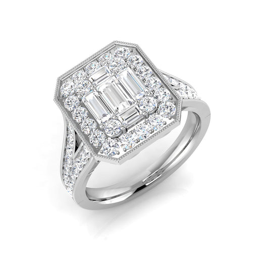 Baguette & Round Diamond Halo Style Ring with Milgrain Detail| 0.75ct - 1.25ct