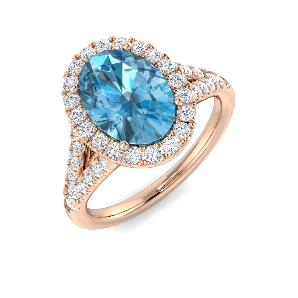 Oval Cut Blue Topaz Halo Ring with Pave Diamonds in Rose Gold