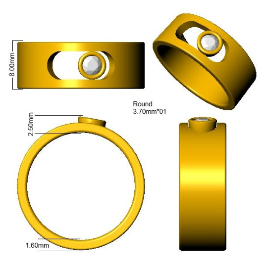 Yellow metal ring with dimensions on a white background