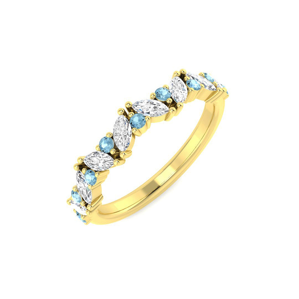 Yellow Gold Aquamarine Half Eternity Ring with Diamond Accents