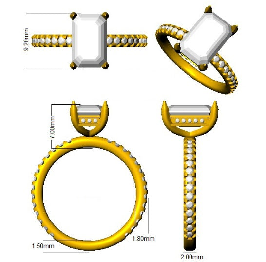 Gold ring with diamond and measurements on a white background
