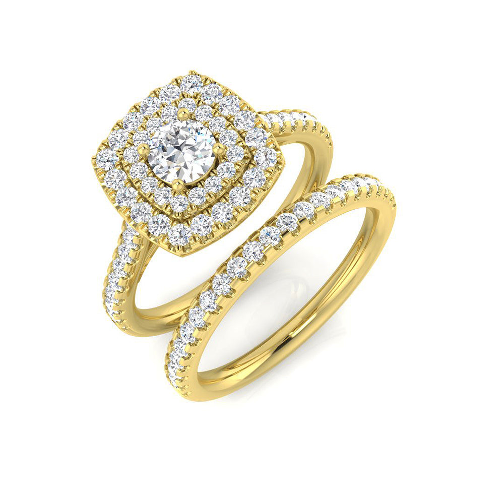 Gold ring with diamond accents on a white background