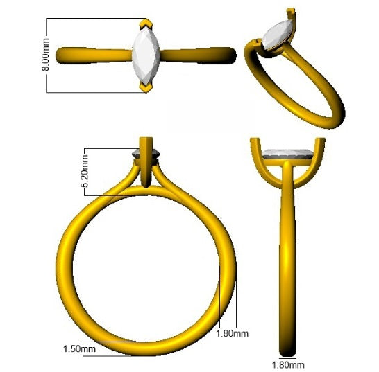 Yellow metal ring with dimensions labeled on a white background