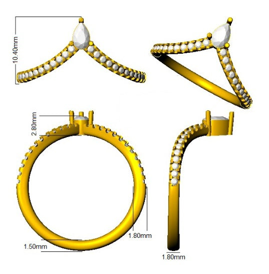 Technical drawing of a yellow metal ring with measurements on a white background