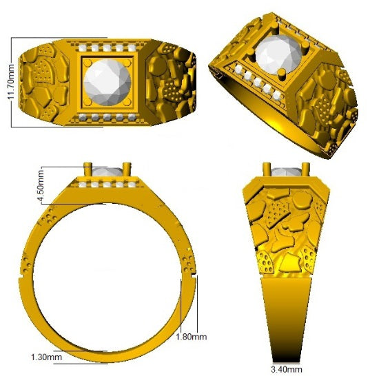Gold ring with detailed design and measurements on a white background