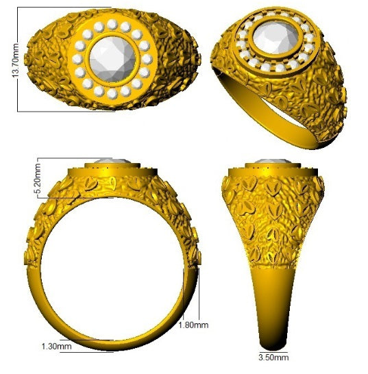 Gold ring with intricate designs and measurements on a white background