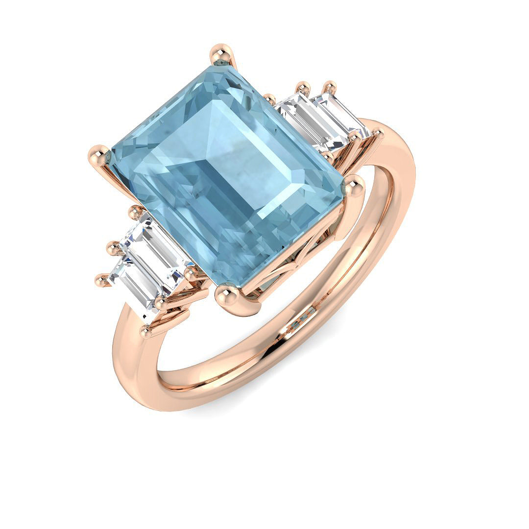 Rose Gold Emerald Cut Aquamarine Ring with Side Baguette Diamonds