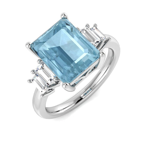 Emerald Cut Aquamarine Ring with Baguette Side Diamonds in White Gold