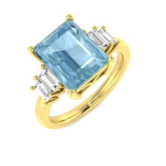 Yellow Gold Emerald Cut Aquamarine Ring with Baguette Diamonds