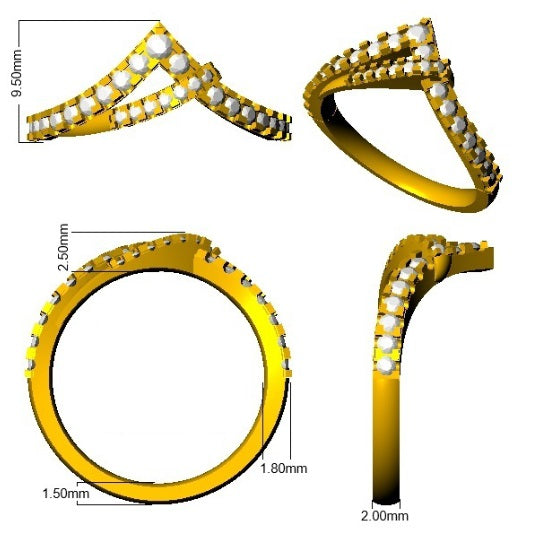 Gold rings with gemstones and measurements on a white background