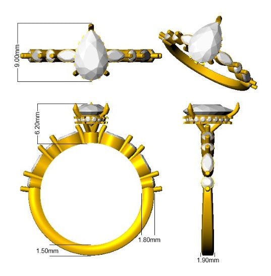 Gold ring with teardrop-shaped gemstones and measurements on a white background
