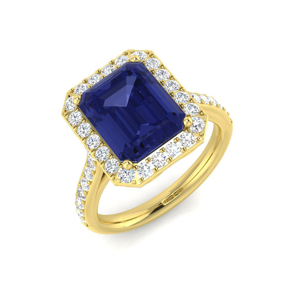 Blue Sapphire Diamond Halo Ring White Gold