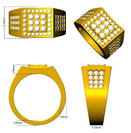 Gold ring with diamond-like inserts on a white background