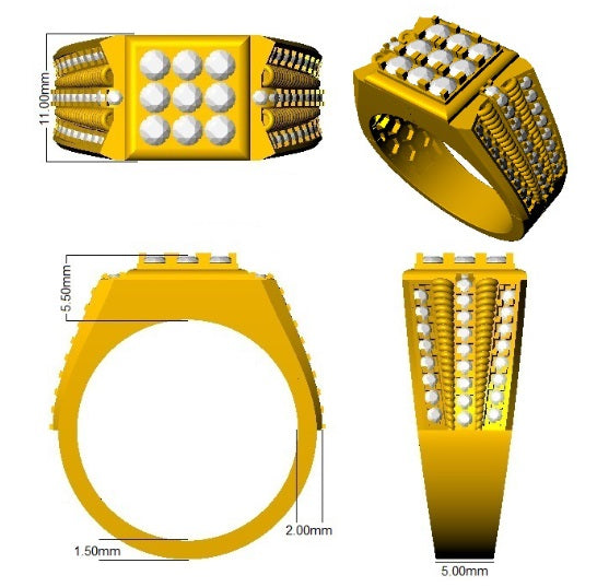 Yellow ring with embedded white stones and measurements on a white background