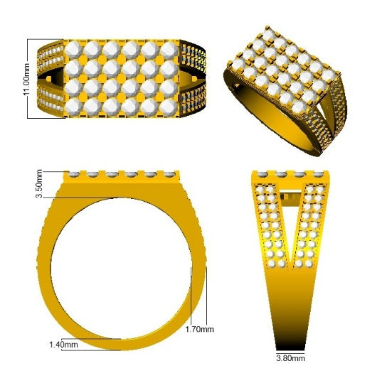 Gold ring with white stones and measurements on a white background