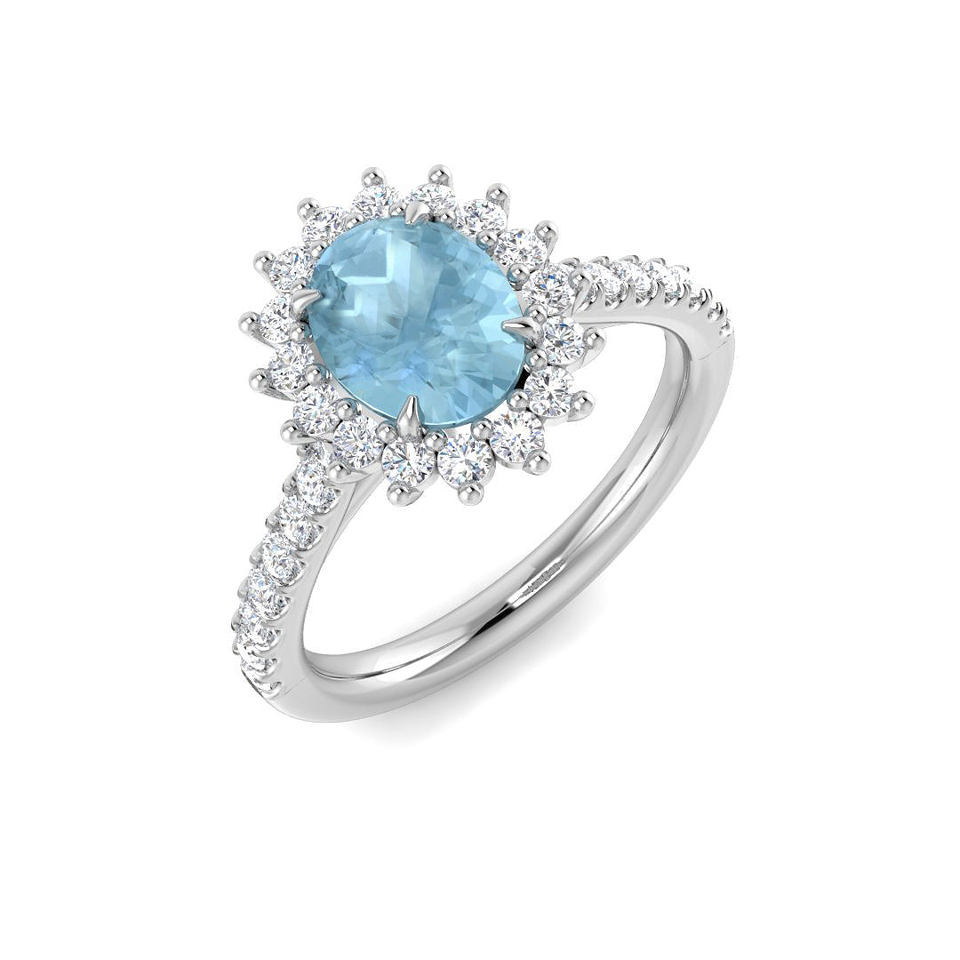 Oval Cut Aquamarine Ring with Diamond Cluster Halo in White Gold