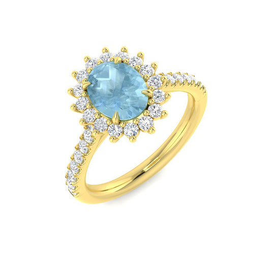 Yellow Gold Oval Cut Aquamarine Ring with Diamond Halo