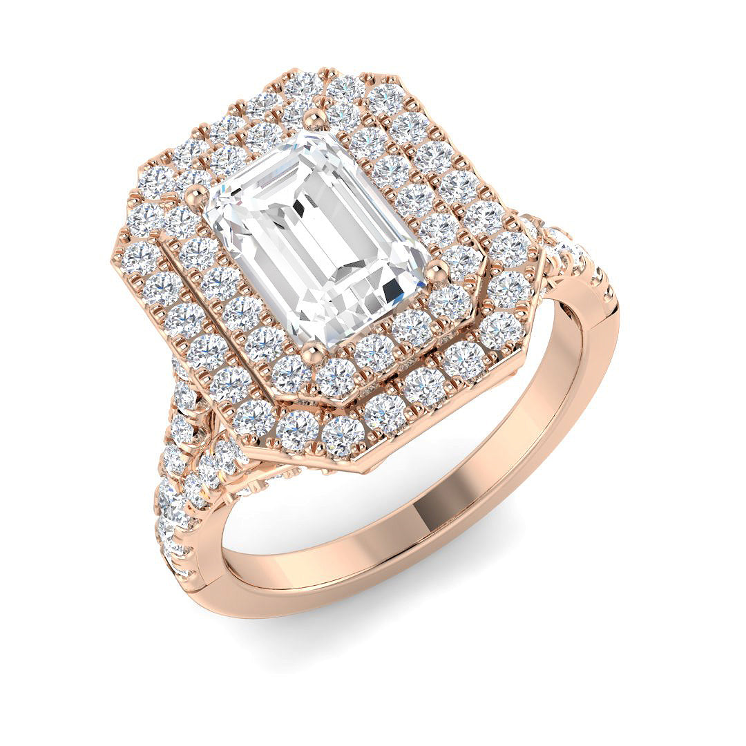 Lab Grown Round & Emerald Cut Diamond Halo Engagement Rose Gold Ring 