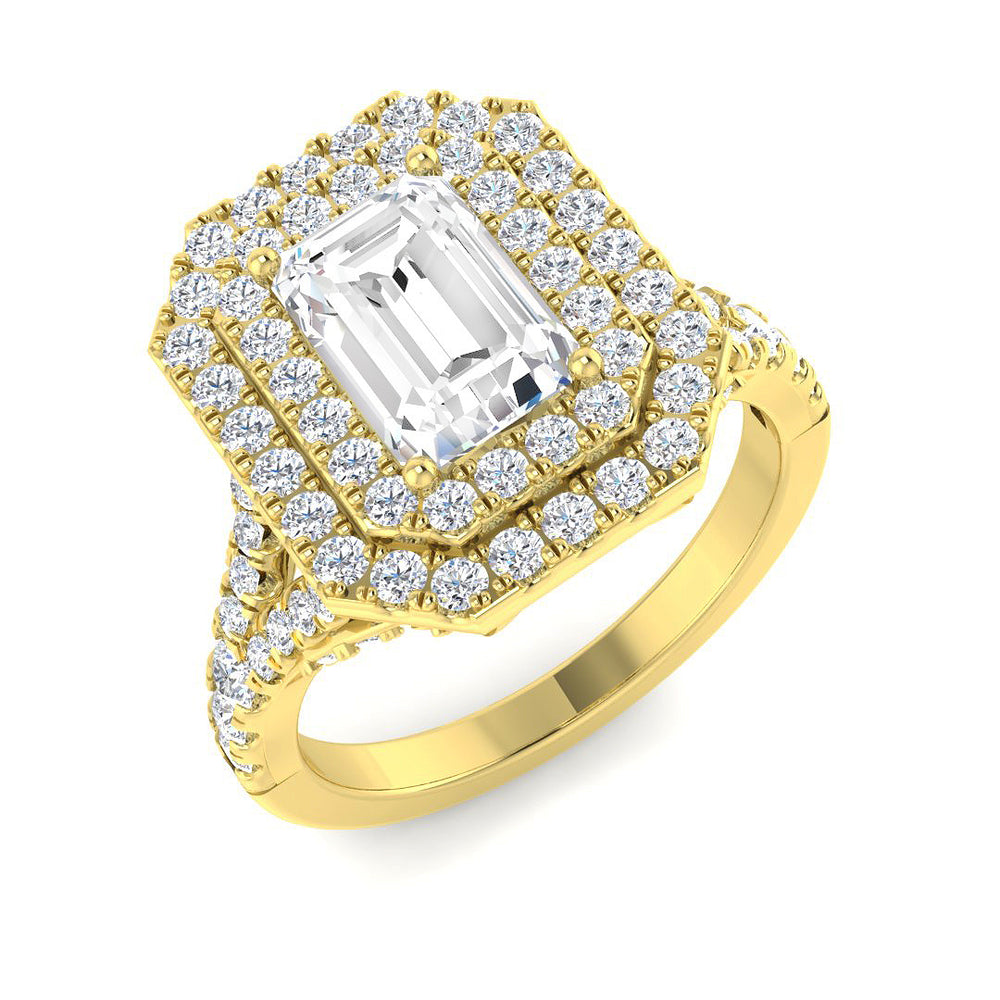 Lab Grown Round & Emerald Cut Diamond Halo Engagement Yellow Gold Ring
