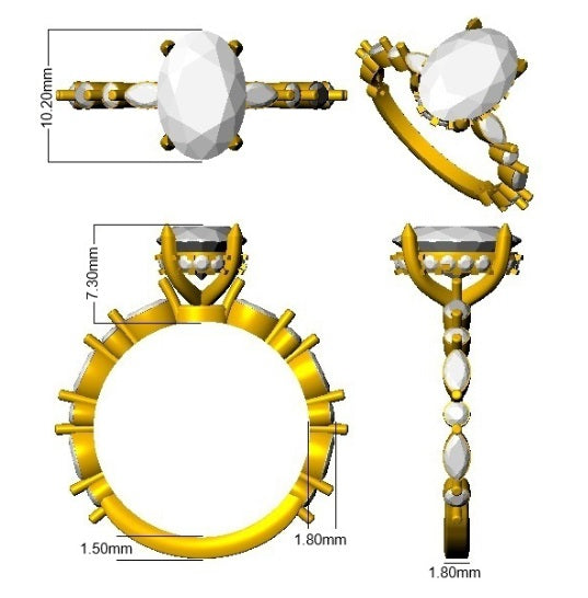 Oval Diamond Solitaire Engagement Ring with Marquise & Round Accent Band