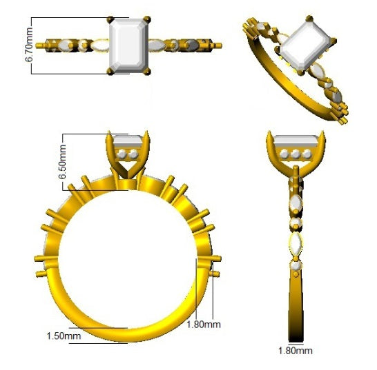 Emerald Cut Diamond Engagement Ring with Marquise & Round Side Stones  Available in Natural & Lab Grown Diamonds