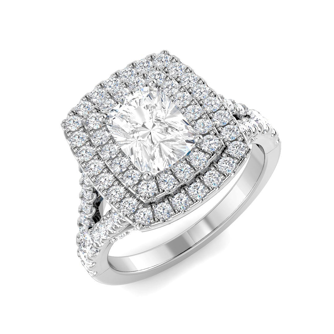 Lab Grown Cushion & Round Cut Diamond Halo Engagement Ring