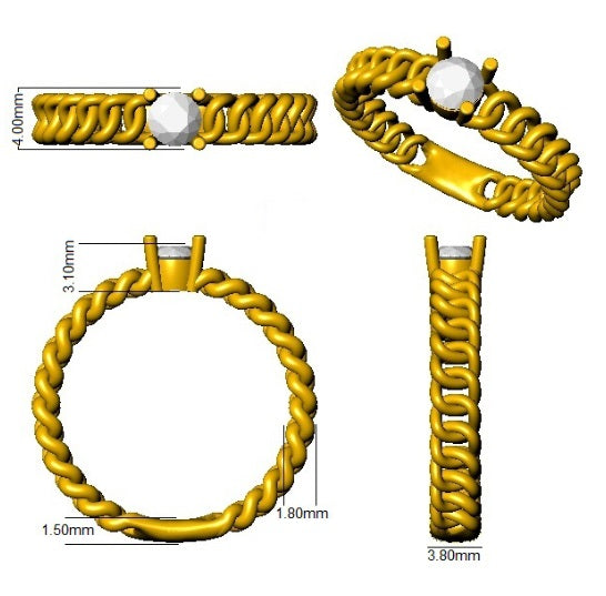 Gold ring with braided design and pearl center, shown from multiple angles with measurements.