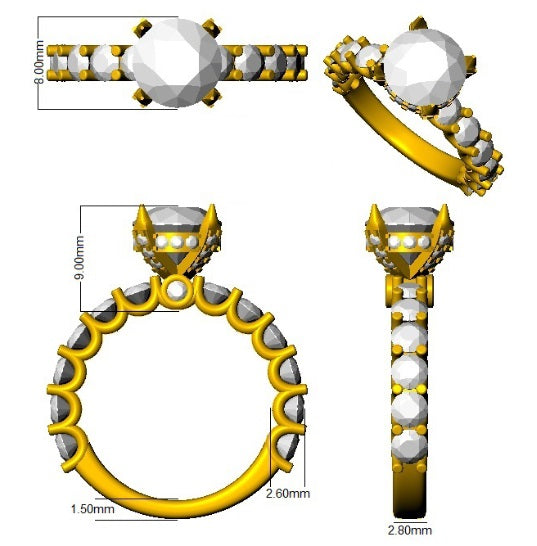 Gold and silver ring design with measurements on a white background