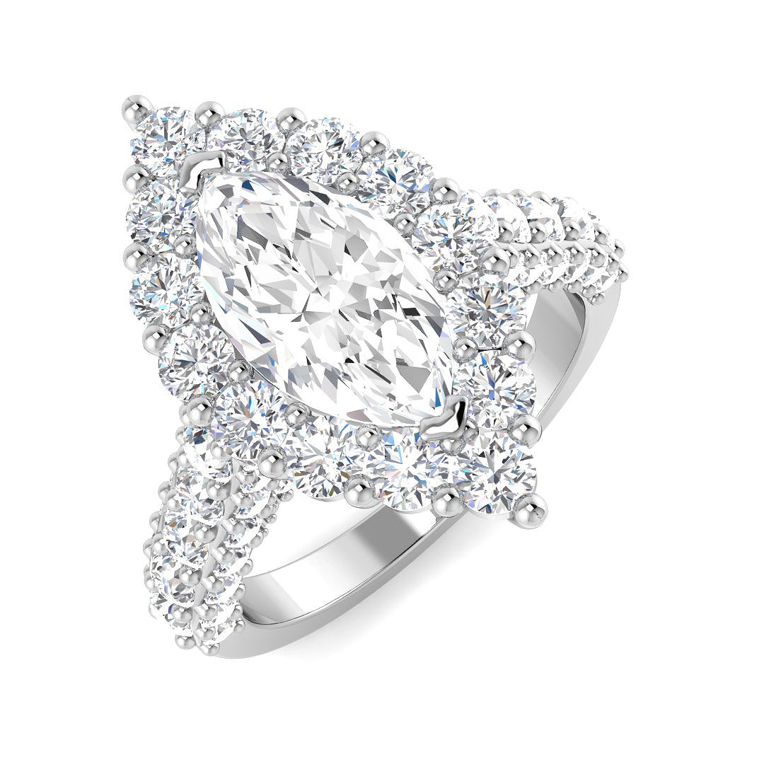 Lab Grown Round & Marquise Cut Diamond Pave Set Engagement Ring
