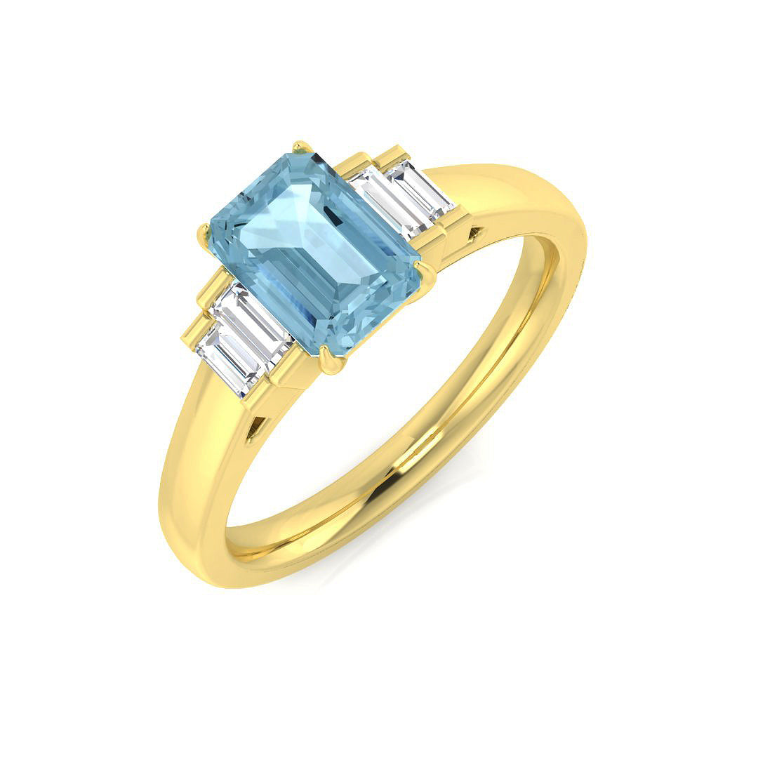 Yellow Gold Emerald Cut Aquamarine Ring with Baguette Diamonds