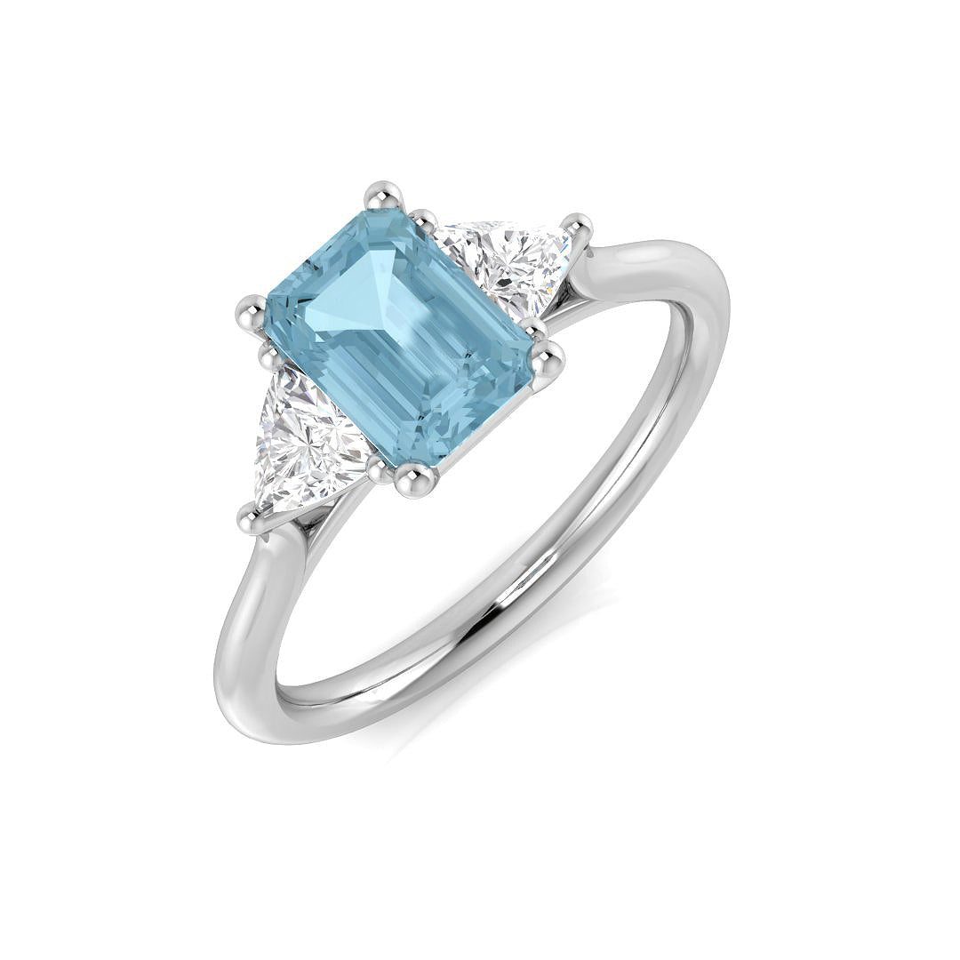 Emerald Cut Aquamarine Ring with Trillion Cut Diamonds