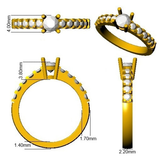 Gold ring with embedded stones, shown from multiple angles with measurements.