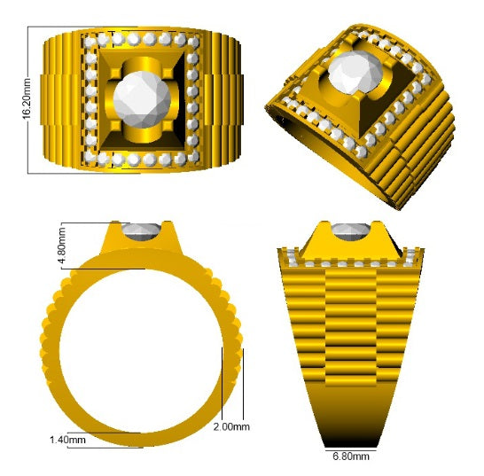 Gold ring with diamond-like material on a white background