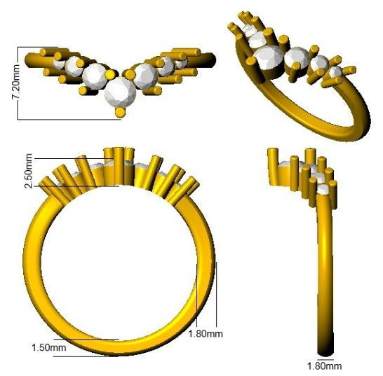 Yellow metal ring with white stones, shown from multiple angles with measurements.