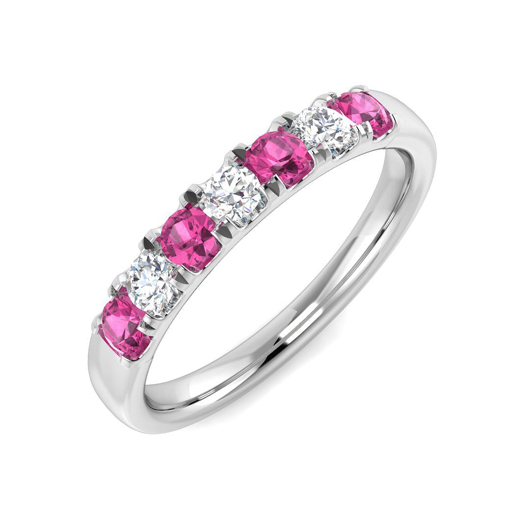 0.75Ct Pink Sapphire and Diamond Ring – White Gold Alternating Eternity Band