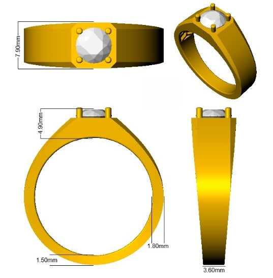 Yellow ring with embedded gemstone, shown from multiple angles with measurements.