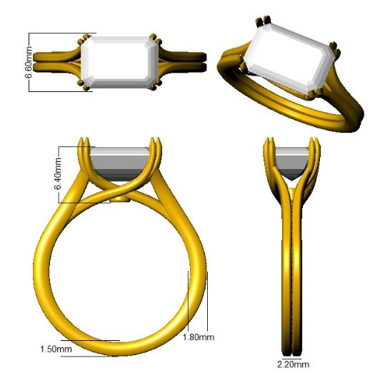 Gold ring with diamond measurements on a white background