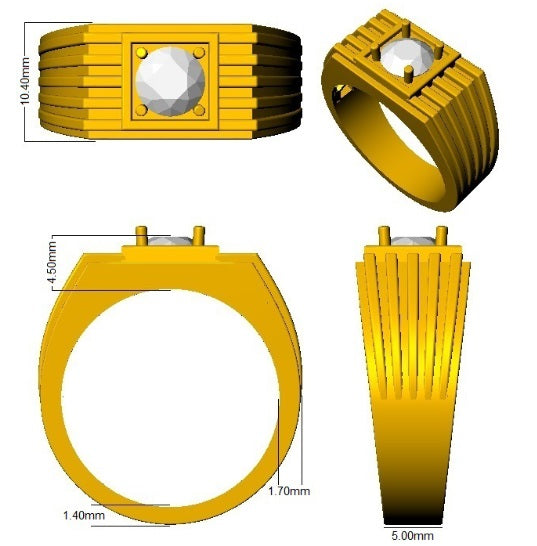 Yellow ring with geometric design and measurements on a white background