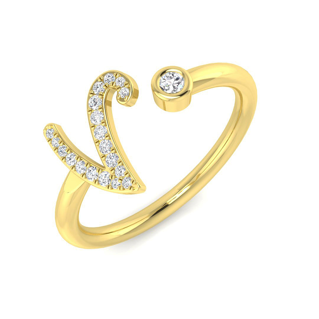 0.11 Carat Round Diamond Micro Pavé & Bezel Script Letter V Initial Ring