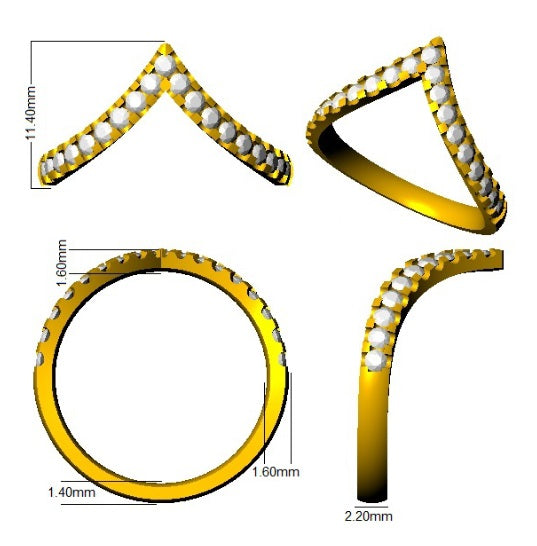 Gold rings with white stones and measurements on a white background