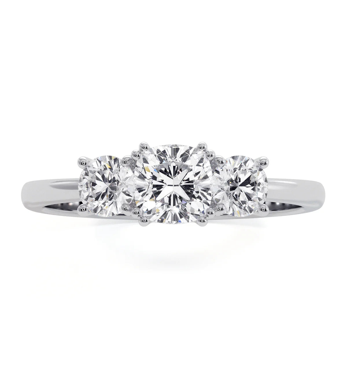 Lab Grown Cushion Cut Diamond 3 Stone Engagement Ring in 18k White Gold