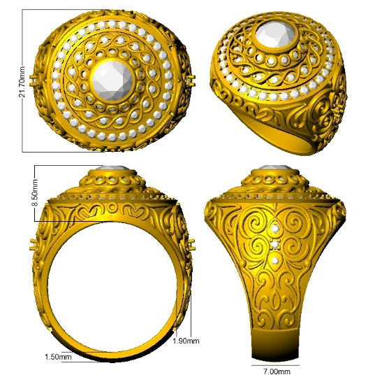 Gold ring with intricate designs and measurements on a white background