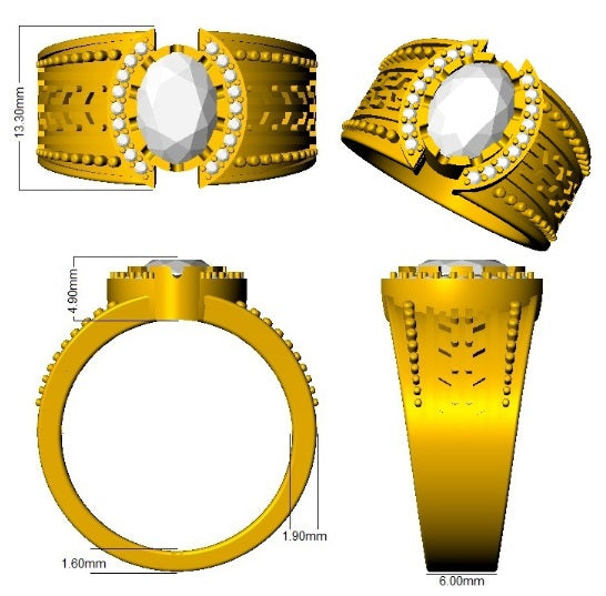 Gold ring with detailed design and measurements on a white background