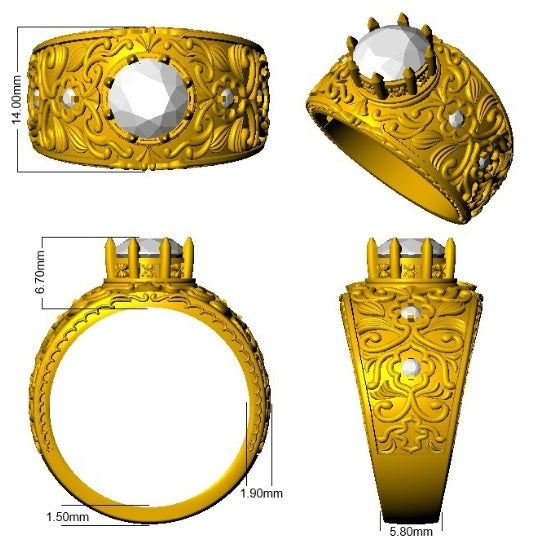 Gold ring with intricate designs and a central gemstone, shown from multiple angles with measurements.