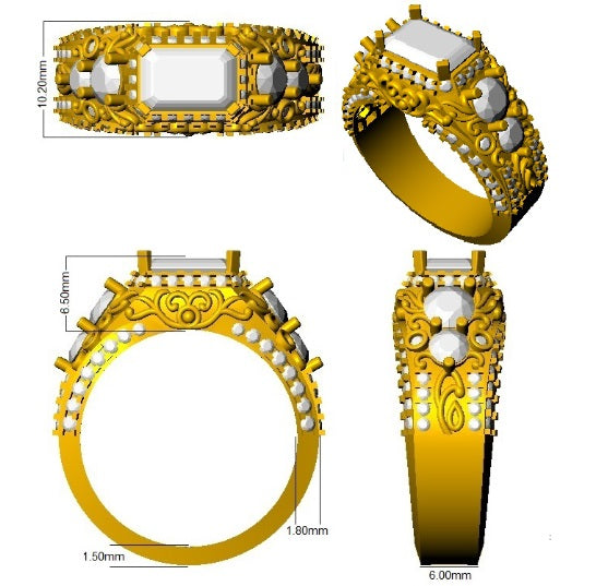 Gold ring with intricate designs and gemstones, shown from multiple angles with measurements.