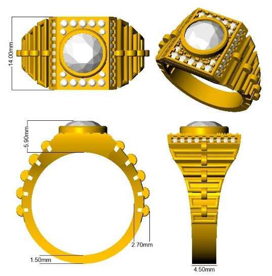 Gold ring with gemstone, shown from multiple angles with measurements.