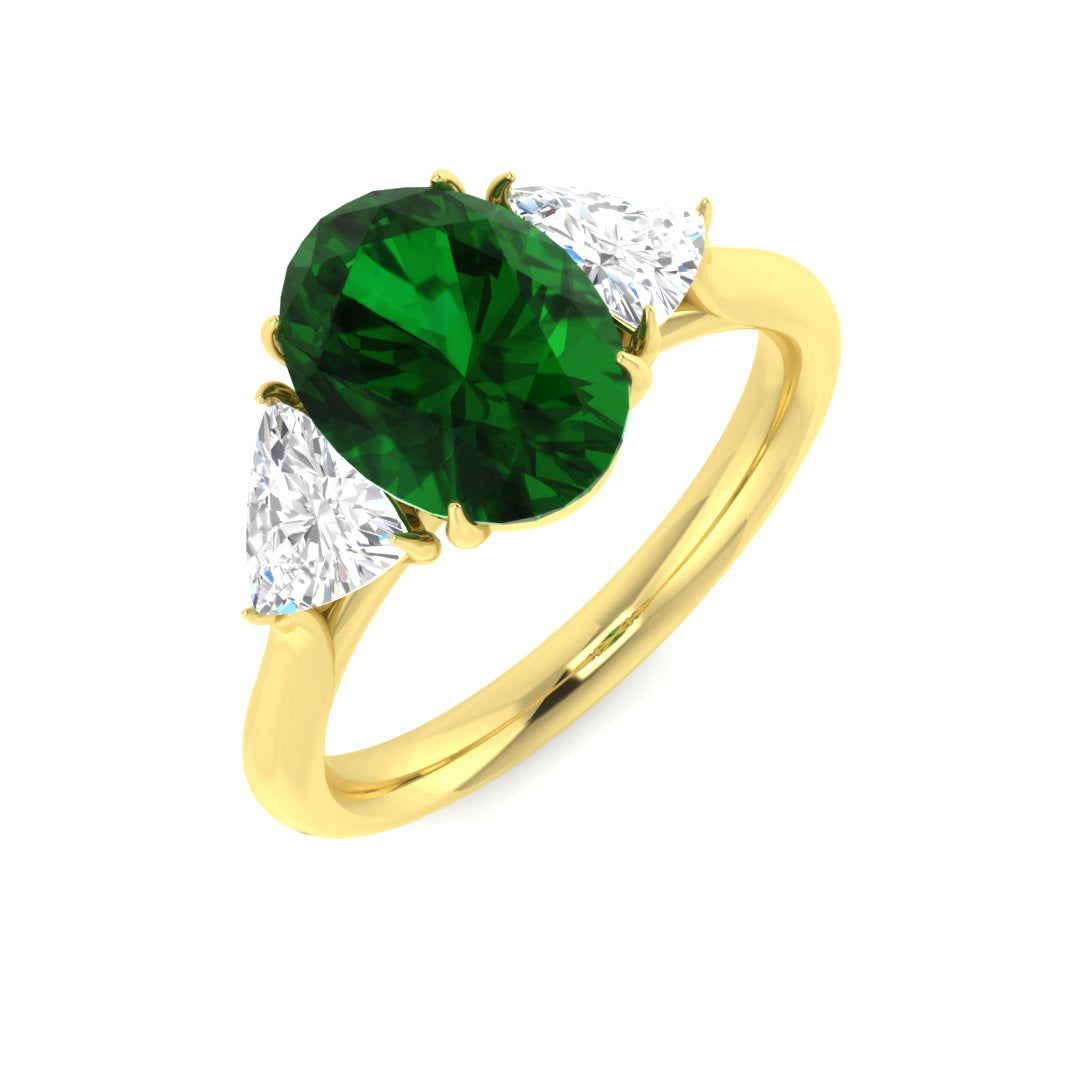 Oval Cut Emerald & Trillion Cut Side Diamond Design Ring | Hallmarked Gold & Platinum