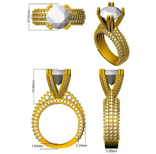 Gold jewelry set with rings and a pendant, showing dimensions on a white background.